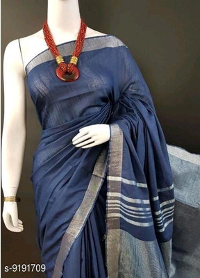 govind handloom Solid/Plain Bollywood Linen Saree(Blue)
