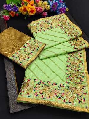 Shilpa Fashion Embroidered Bollywood Silk Blend Saree(Mustard)