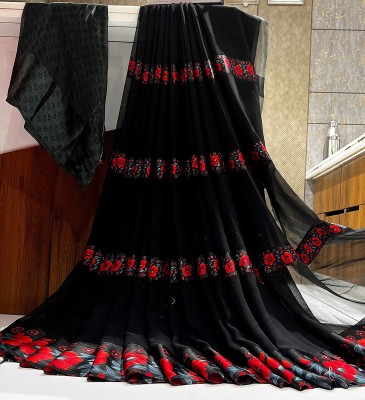 Bombey Velvat Fab Printed, Animal Print, Floral Print, Woven, Striped, Solid/Plain, Ombre, Paisley, Embellished Maheshwari Silk Blend, Chiffon Saree(Red, Black)
