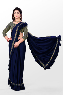HEELENTERPRISE Self Design Bollywood Lycra Blend Saree(Dark Blue)