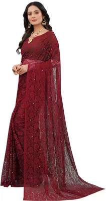 Dhyey Fashion Embroidered Lucknow Chikankari Net, Brasso Saree(Maroon)