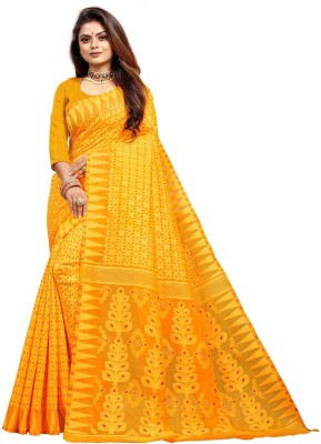 redmart88 Printed Jamdani Cotton Linen Saree(Yellow)