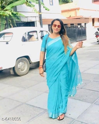 govind handloom Solid/Plain Bollywood Cotton Silk Saree(Light Blue)