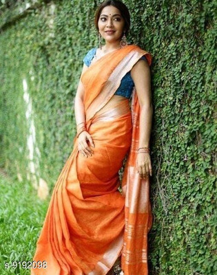 govind handloom Solid/Plain Bollywood Linen Saree(Orange)