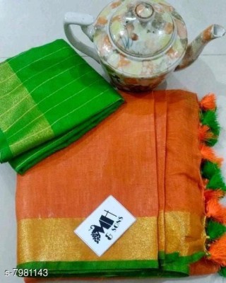 govind handloom Woven Bollywood Cotton Linen Saree(Green, Orange)