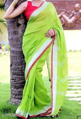 govind handloom Solid/Plain Bollywood Linen Saree(Light Green)