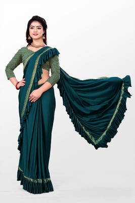 HEELENTERPRISE Self Design Bollywood Lycra Blend Saree(Dark Blue)