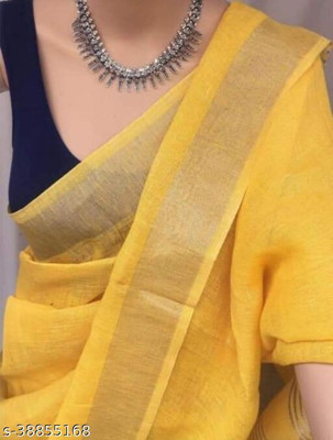 govind handloom Solid/Plain Bollywood Cotton Blend Saree(Yellow)