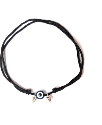 MANMORA MANMORA TRENDY BLACK THREAD ANKLET WITH SILVER LEAF AND BLUE EVIL EYE FOR GIRLS Fabric Anklet