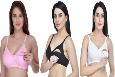 Desiprime Poly Cotton B Cup Feeding Bra Set of 3 Women T-Shirt Non Padded Bra(Pink, Black, White)