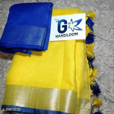 govind handloom Solid/Plain Bollywood Cotton Silk Saree(Mustard)