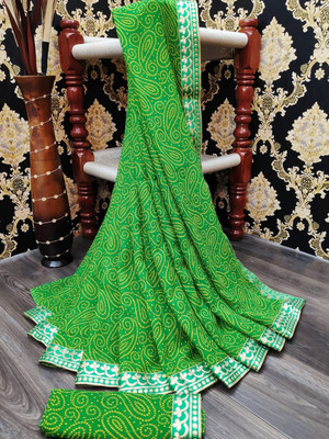 Kanooda Prints Printed Bandhani Georgette Saree(Green)