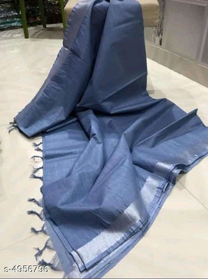 govind handloom Solid/Plain Bollywood Cotton Silk Saree(Blue)