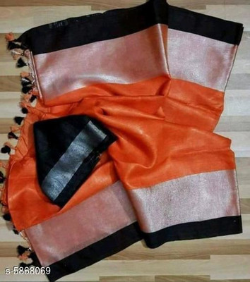 govind handloom Solid/Plain Bollywood Cotton Silk Saree(Orange)