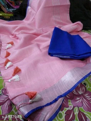 govind handloom Solid/Plain Bollywood Linen Saree(Multicolor, Pink)