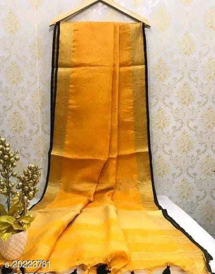 govind handloom Solid/Plain Bollywood Cotton Blend Saree(Mustard)