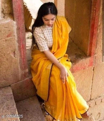 govind handloom Solid/Plain Bollywood Linen Saree(Yellow)