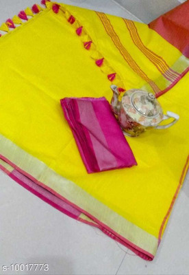 govind handloom Solid/Plain Bollywood Linen Saree(Pink, Yellow)