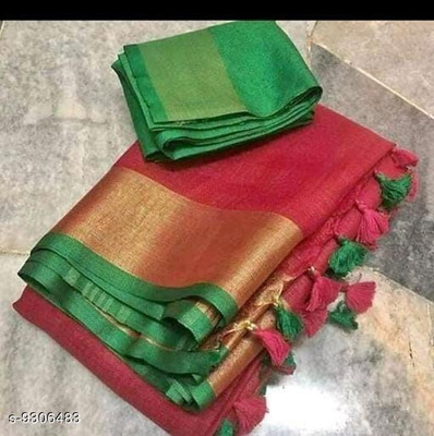 govind handloom Solid/Plain Bollywood Cotton Linen Saree(Multicolor, Maroon)