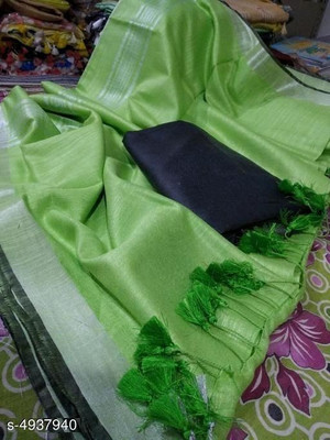 govind handloom Solid/Plain Bollywood Linen Saree(Light Green)