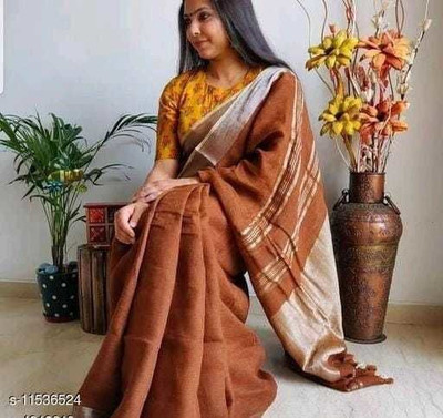 govind handloom Solid/Plain Bollywood Linen Saree(Brown)