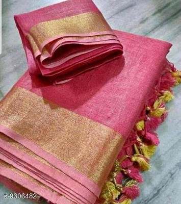 govind handloom Solid/Plain Bollywood Cotton Linen Saree(Pink)
