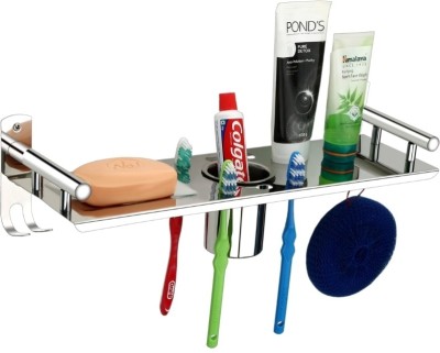 Well Set Multi Use 3in1 Bathroom Shelf & Rack Soap Dish&Tumbler&Soap&Tooth Brush Holder(Silver)