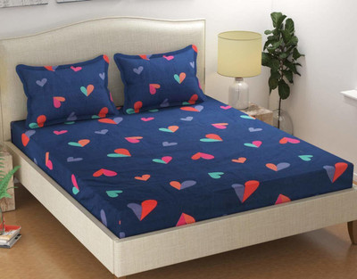 VORDVIGO 220 TC Cotton Queen Abstract Fitted (Elastic) Bedsheet(Pack of 1, Blue)