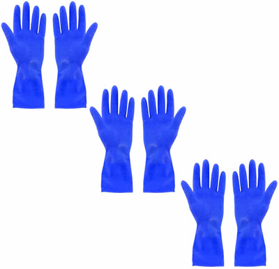 YAJNAS Multipurpose Non Slip Rubber Reusable Cleaning Gloves (Blue, Pack Of 3) Wet and Dry Glove Set(Free Size Pack of 3)