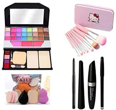 FOZZBY kit 6155+ Premium Hello Kitty Brushes 7 Piece + Sponges 6 Piece + Eye Liner & Kajal & Mascara &Eye Brow Pencil(4in1)(6155 Combo)(7 Items in the set)