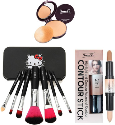 SumSh Mini Black Makeup Brush Set (Pack of 7), Highlighter and Contour Stick, Face Powder(3 Items in the set)