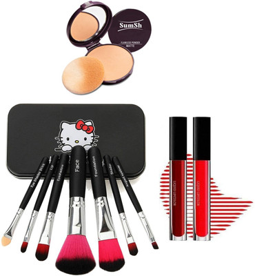 SumSh Mini Black Makeup Brush Set (Pack of 7), Matte Liquid Lipstick [Red, Deep Maroon], Face Powder(10 Items in the set)
