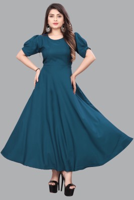 ZOPDI Women Fit and Flare Dark Blue Dress