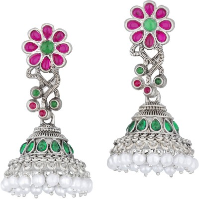 SPARGZ Antique Floral Festive Wear Silver Plated For Women Ruby, Pearl Alloy Jhumki Earring