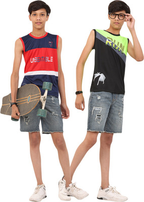 FTX Boys Printed Polyester Regular T Shirt(Dark Blue, Pack of 2)