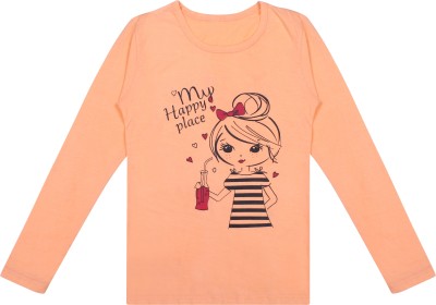 Ayvina Girls Typography, Printed Pure Cotton T Shirt(Orange, Pack of 1)