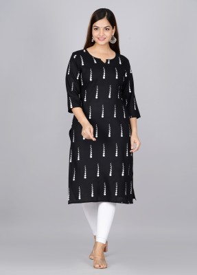 KHOWAL Women Printed Straight Kurta(Black)