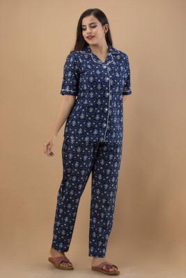 GORDHAN Women Floral Print Dark Blue Shirt & Pyjama set