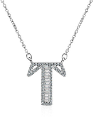 ZIVOM Initial Alphabet Letter T Silver Cubic Zirconia Copper Pendant Set