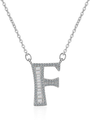 ZIVOM Initial Alphabet Letter F Silver Cubic Zirconia Copper Pendant Set