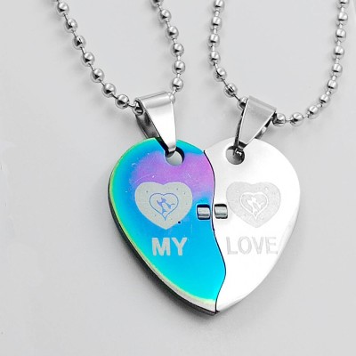 Love And Promise Valentine Day Gift My Love Broken Heart Couple Multicolor Dual Pendant Silver Stainless Steel Locket