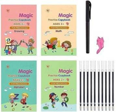 Practice & Learning Book, (4 BOOKs + 1 PEN + 10 REFILL) Number Tracing Book For Preschoolers With Pen, Magic Calligraphy Books For Kids Reusable Writing Tool(Softcover, Magic Tracing Copybook, Practice Book)