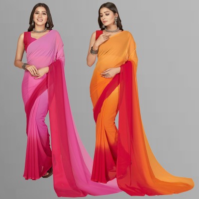 Anand Sarees Ombre, Striped, Dyed, Solid/Plain Bollywood Georgette Saree(Pack of 2, Red, Pink, Orange)