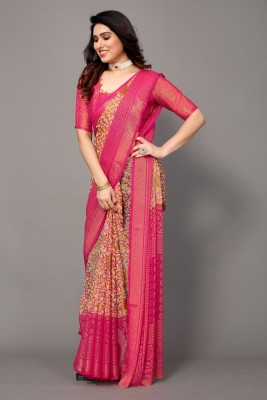 Winza Designer Printed, Paisley, Floral Print Bollywood Chiffon, Brasso Saree(Pink)