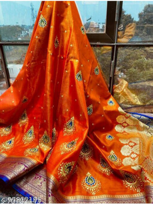 Banaras silk palace Embroidered Banarasi Silk Blend Saree(Orange)