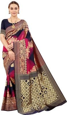 Om Shantam sarees Self Design, Woven Banarasi Art Silk Saree(Blue)