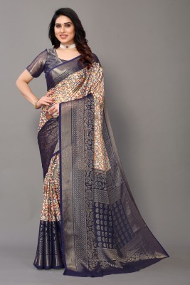 pal fashion Printed, Floral Print Bollywood Brasso Saree(Dark Blue)