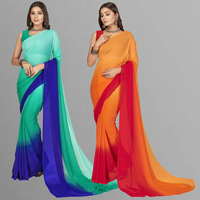 Anand Sarees Ombre, Striped, Dyed, Solid/Plain Bollywood Georgette Saree(Pack of 2, Light Blue, Blue, Pink, Orange)