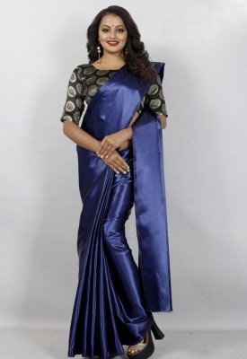Arpita Fashion Solid/Plain Bollywood Pure Silk, Satin Saree(Dark Blue)