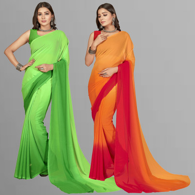 kashvi sarees Ombre, Striped, Dyed, Solid/Plain Bollywood Georgette Saree(Pack of 2, Red, Green, Orange)